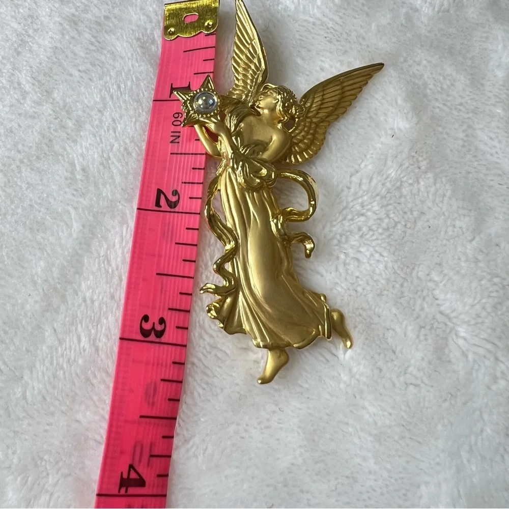 JJ Jonette Vintage Gold Tone Angel With Star and Faux Moonstone Brooch Pin